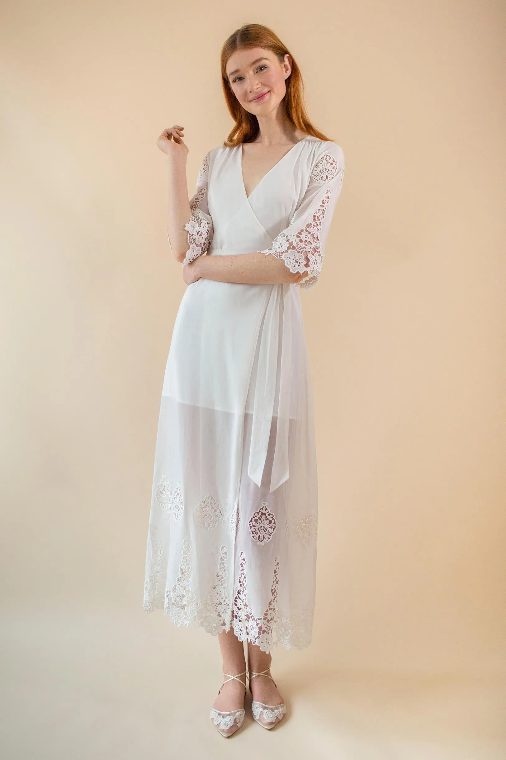 Azalea Broderie Anglaise crochet wrap maxi robe dress