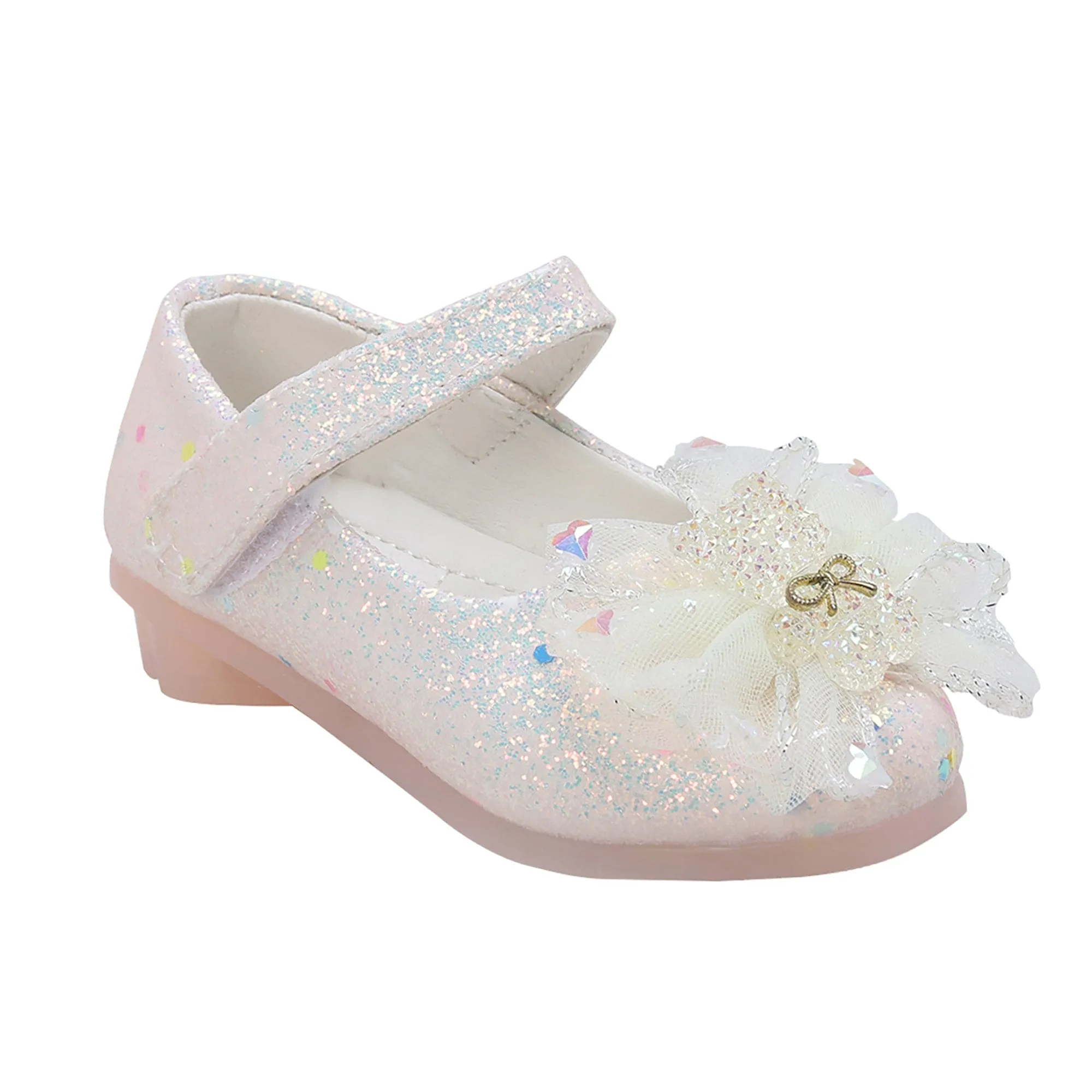 Baby Moo Embellished Bow Sequin Mary Jane Velcro Strap Anti-Skid Ballerina Shoes - Gold