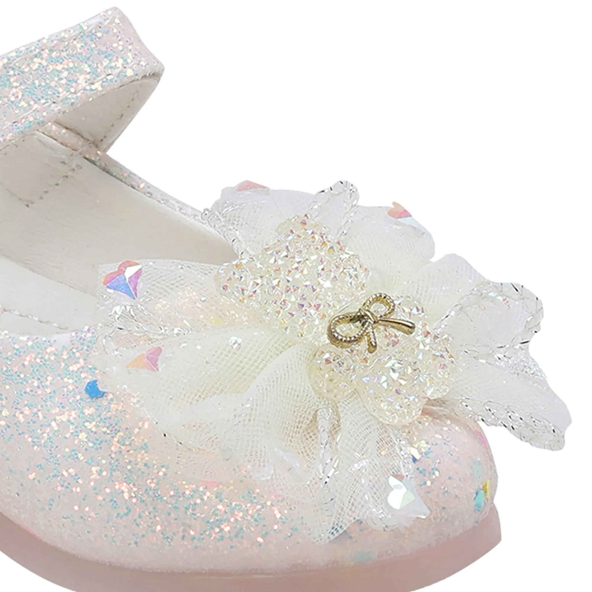 Baby Moo Embellished Bow Sequin Mary Jane Velcro Strap Anti-Skid Ballerina Shoes - Gold