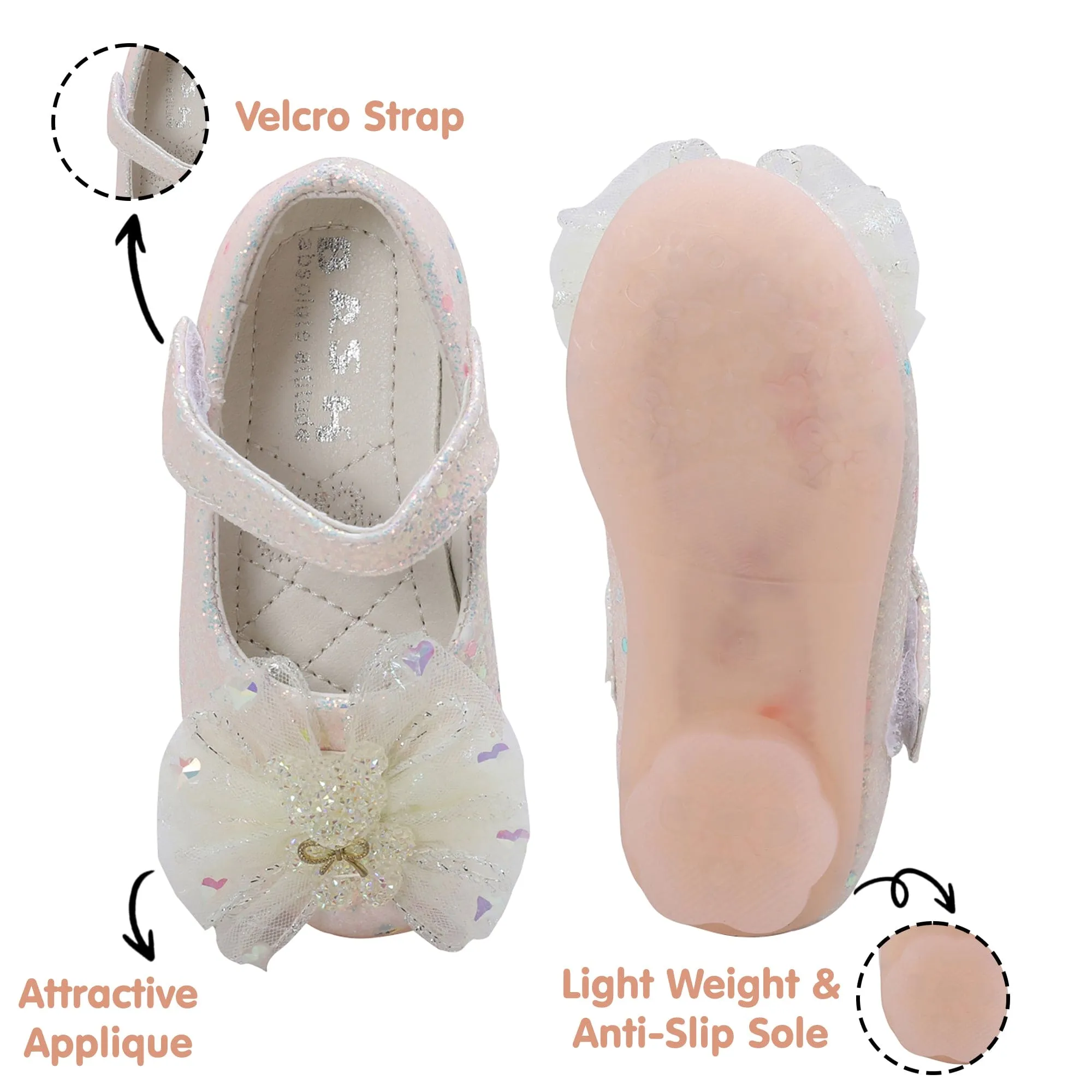 Baby Moo Embellished Bow Sequin Mary Jane Velcro Strap Anti-Skid Ballerina Shoes - Gold