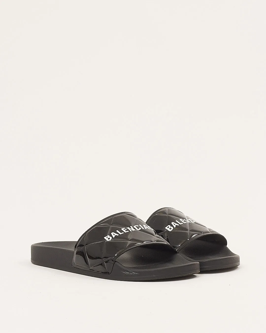 Balenciaga Patent Leather Quilted Logo Pool Slides - 40