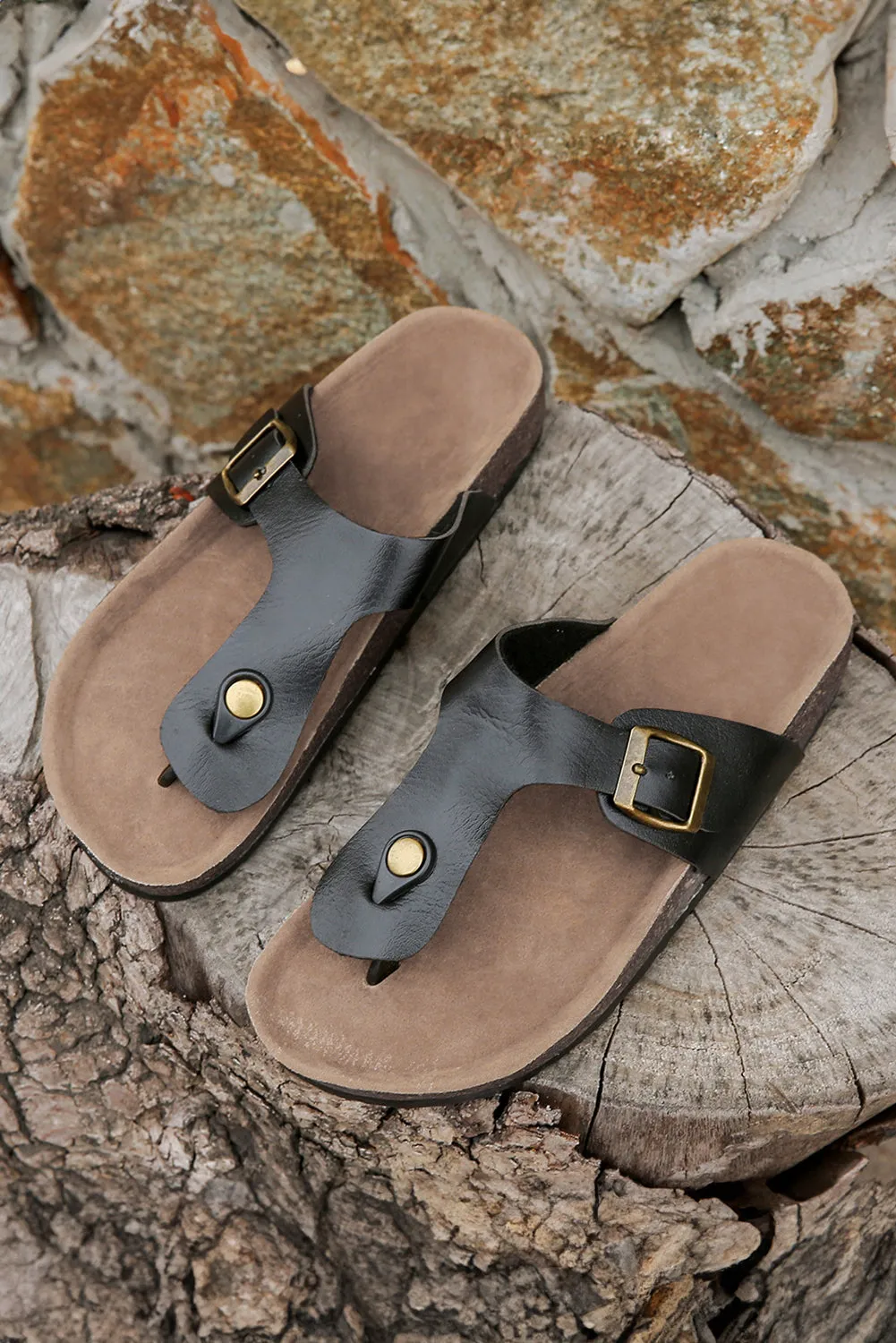 Black Buckle Leather Thong Slippers