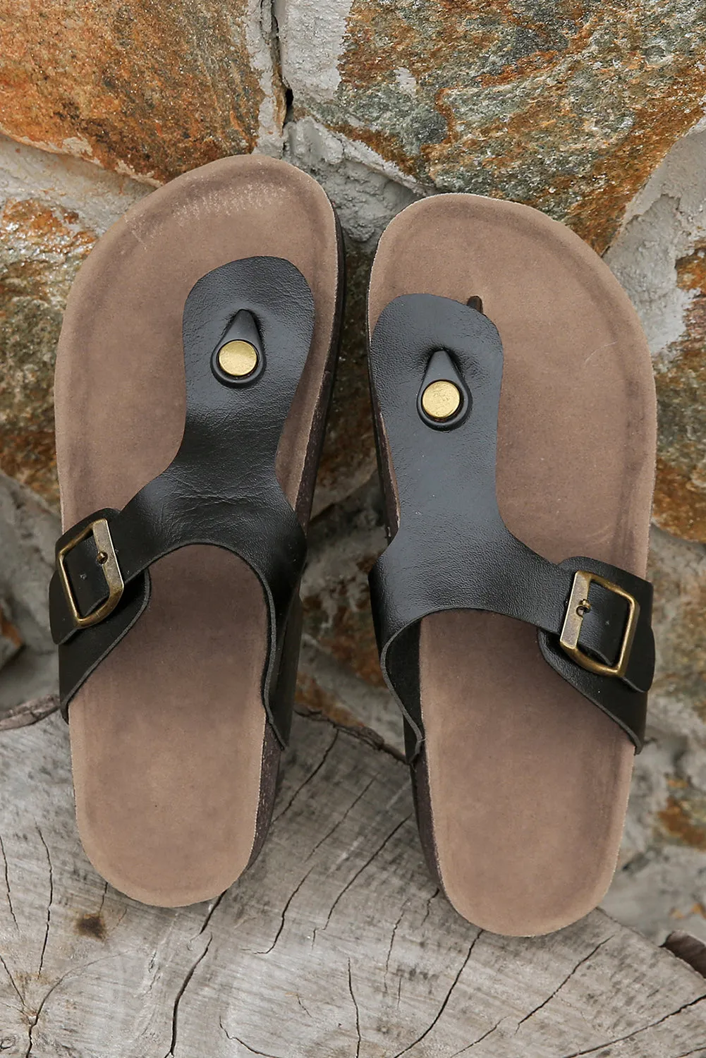 Black Buckle Leather Thong Slippers