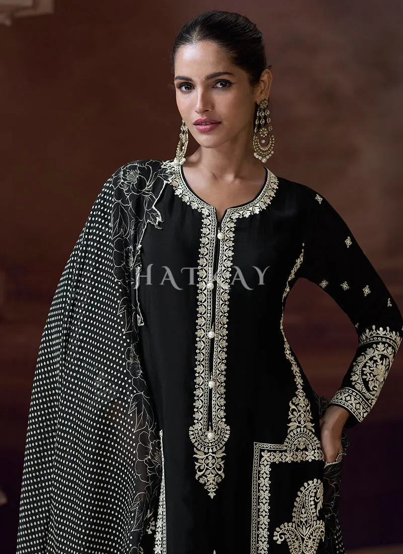 Black Thread Embroidery Palazzo Suit