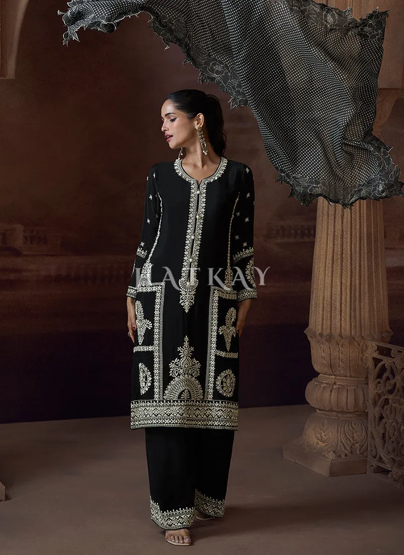 Black Thread Embroidery Palazzo Suit