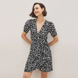 Black /White Spot Short Sleeve V-Neck Wrap Mini Dress