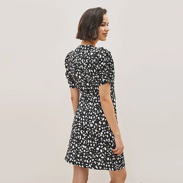 Black /White Spot Short Sleeve V-Neck Wrap Mini Dress
