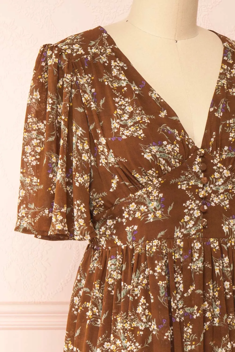Britt Mocha | Floral Midi Dress w/ Short Sleeves