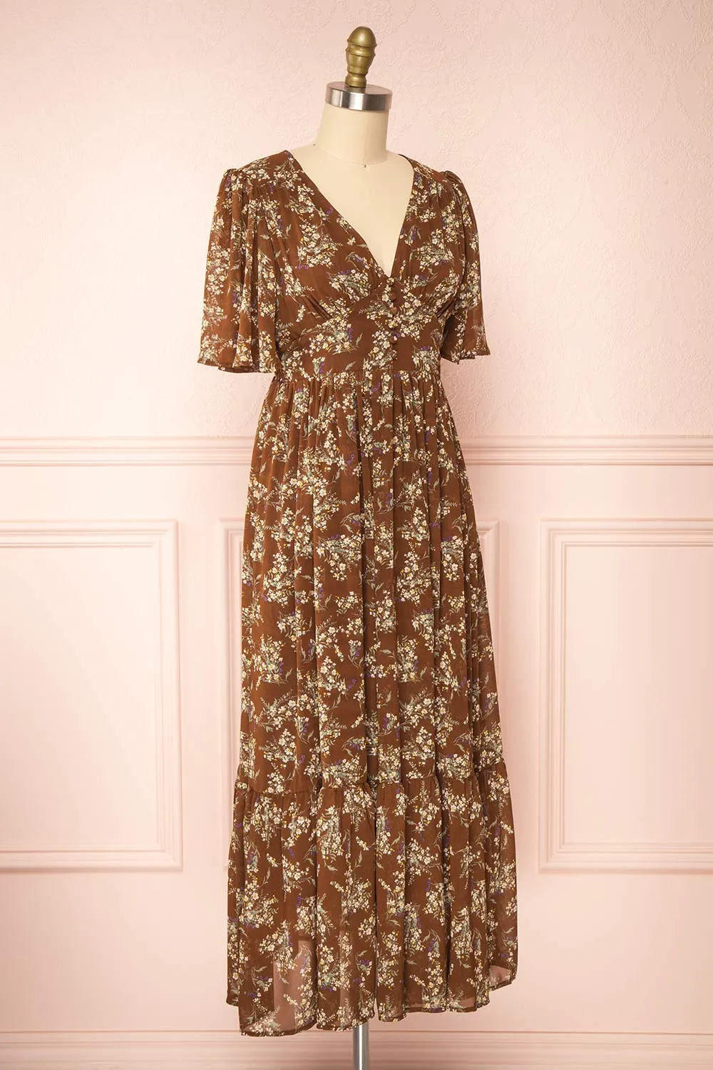 Britt Mocha | Floral Midi Dress w/ Short Sleeves