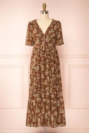 Britt Mocha | Floral Midi Dress w/ Short Sleeves