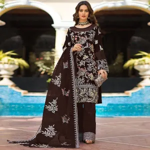Brown Partywear Women's Floral Embroidered Georgette Semi-Stitched Pakistani Suit