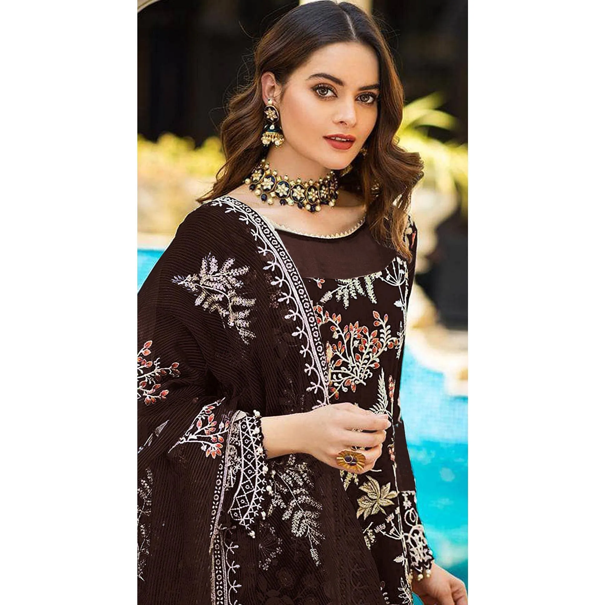 Brown Partywear Women's Floral Embroidered Georgette Semi-Stitched Pakistani Suit
