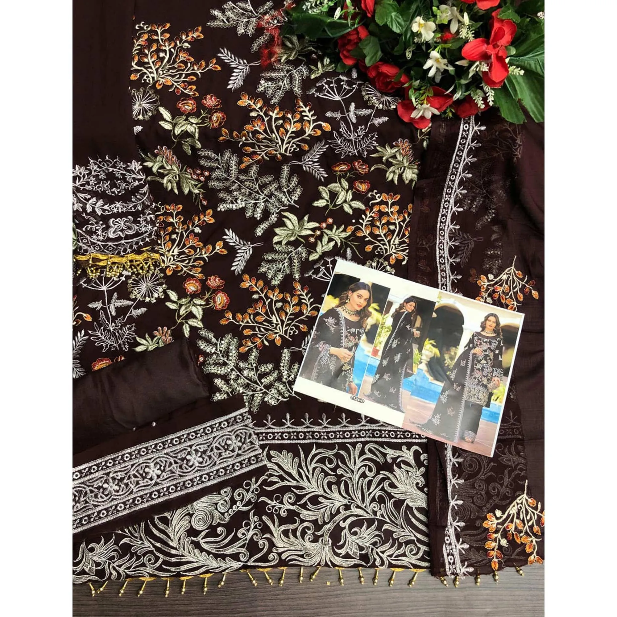 Brown Partywear Women's Floral Embroidered Georgette Semi-Stitched Pakistani Suit