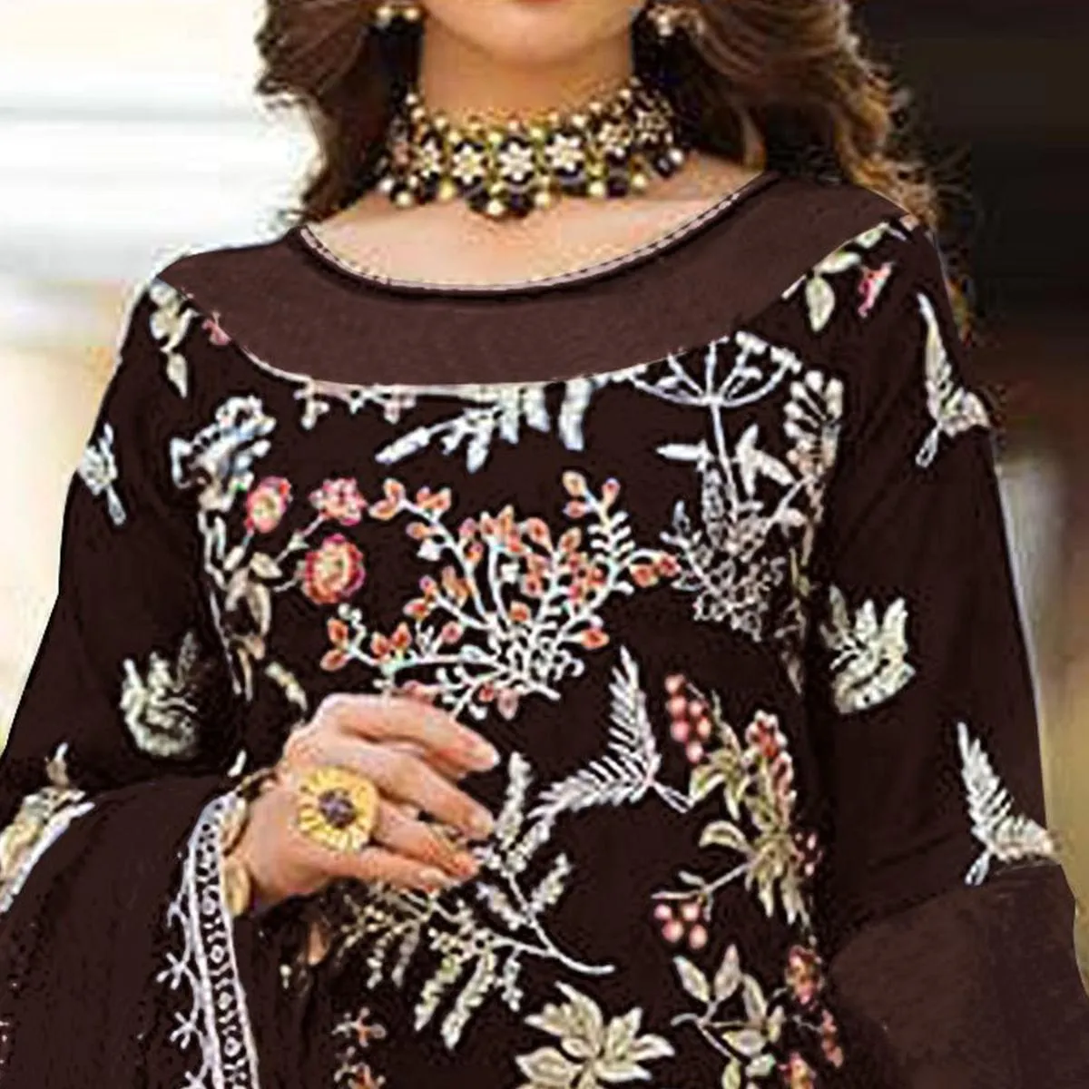 Brown Partywear Women's Floral Embroidered Georgette Semi-Stitched Pakistani Suit