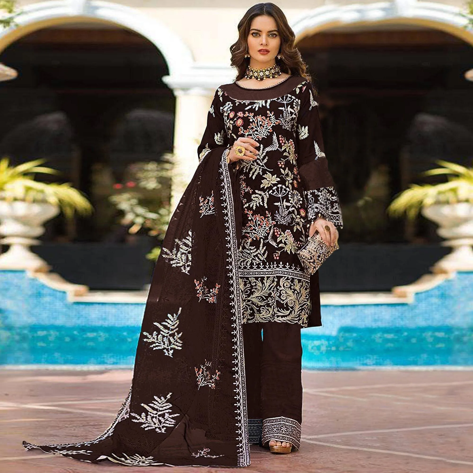 Brown Partywear Women's Floral Embroidered Georgette Semi-Stitched Pakistani Suit