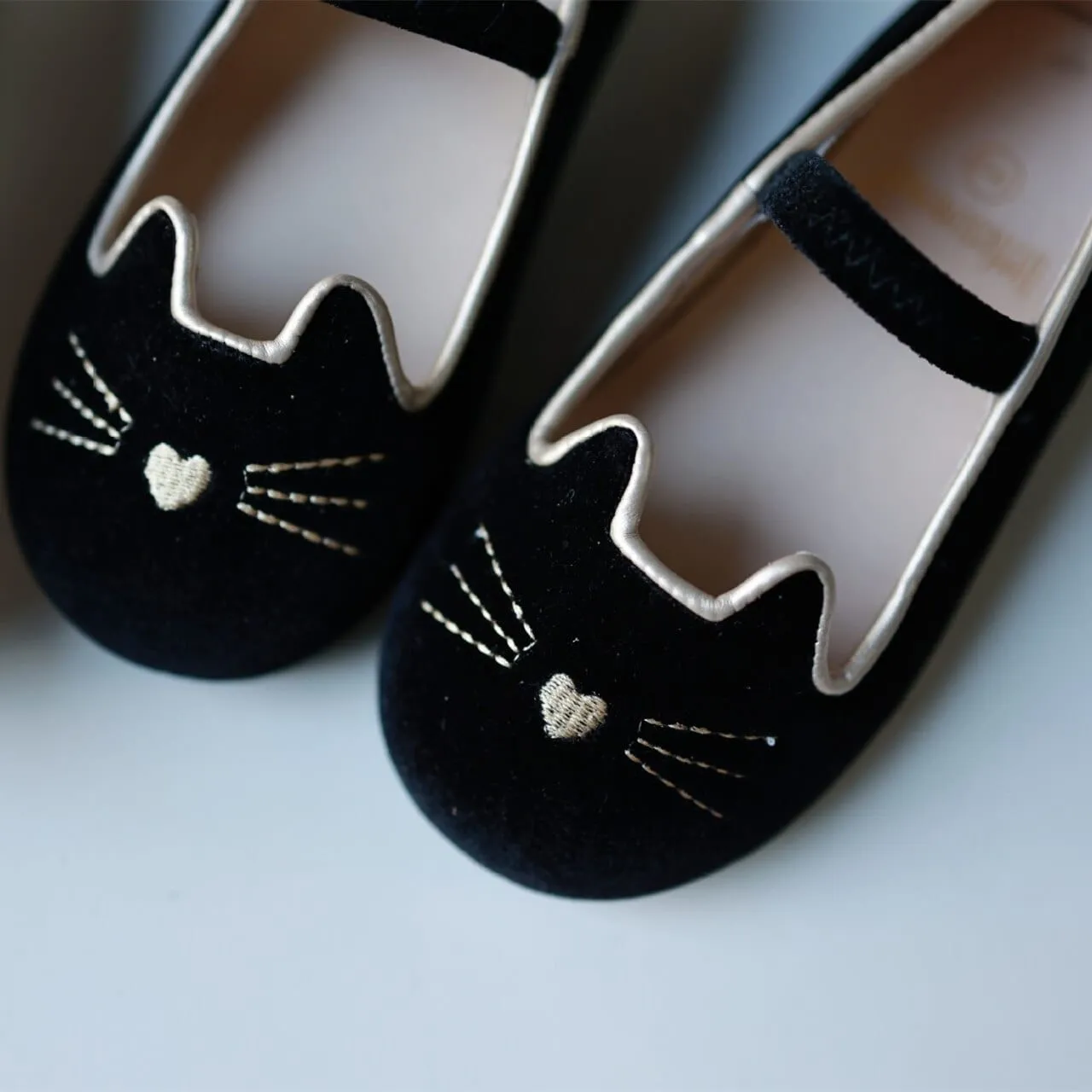Cartoon Cat Velvet Ballet Flats with Strap