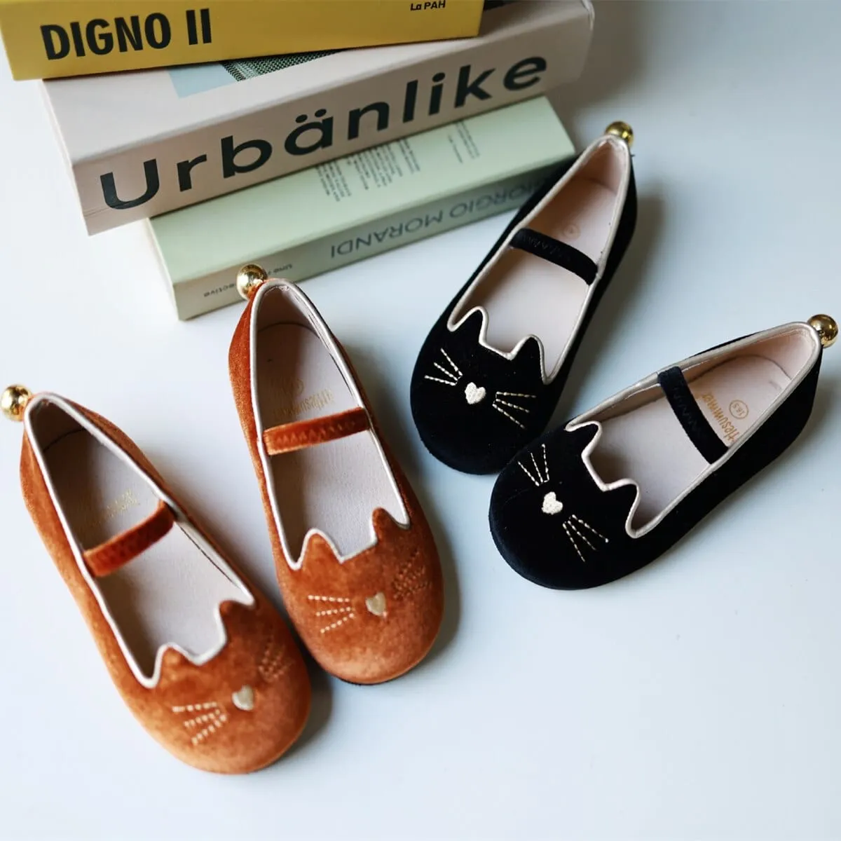 Cartoon Cat Velvet Ballet Flats with Strap