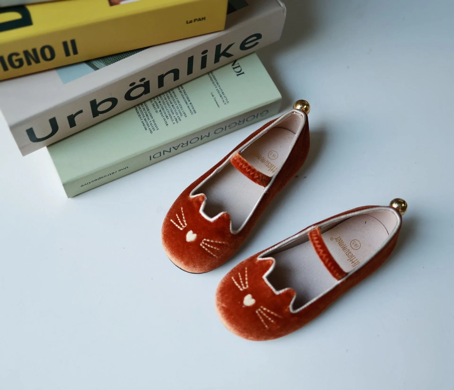 Cartoon Cat Velvet Ballet Flats with Strap