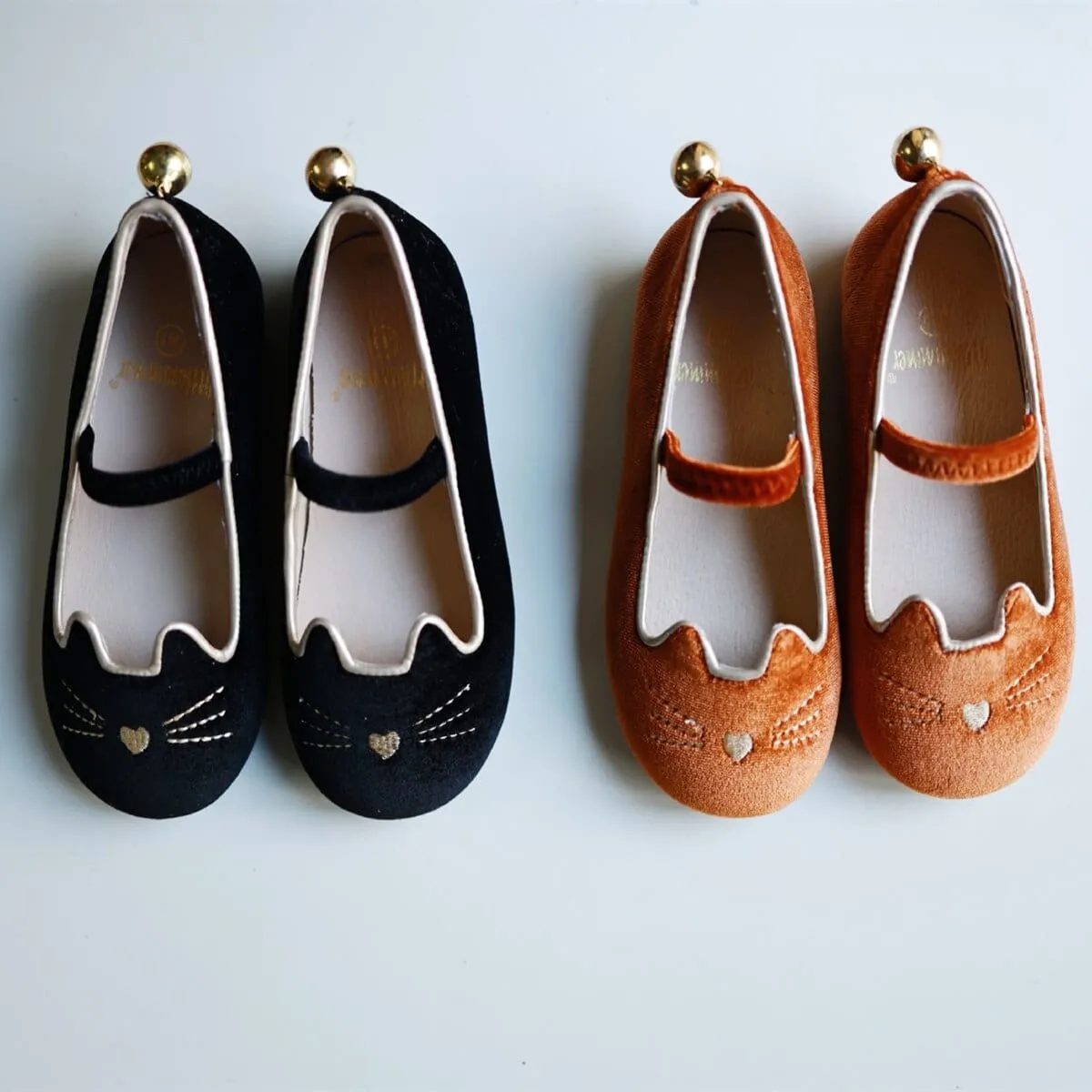 Cartoon Cat Velvet Ballet Flats with Strap