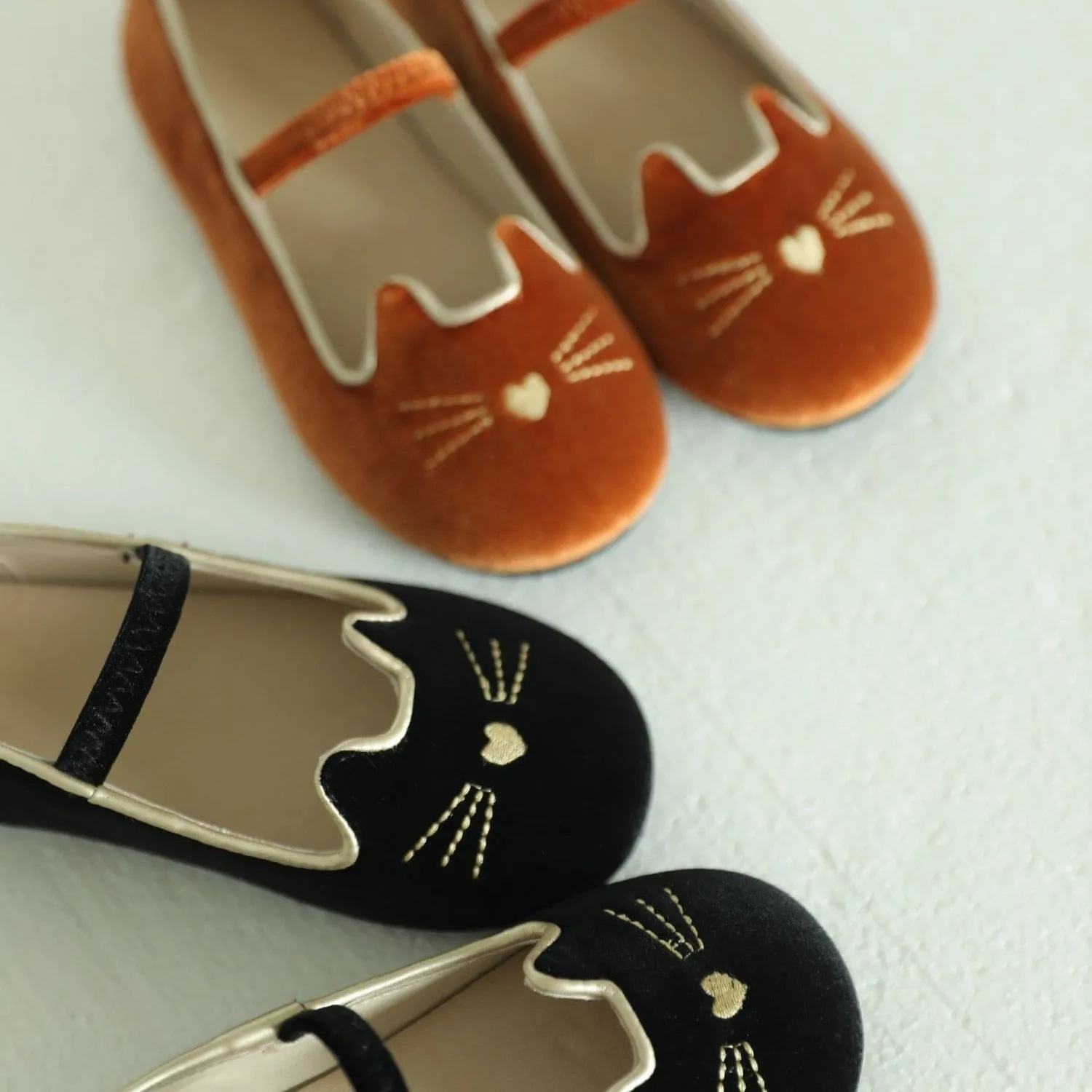 Cartoon Cat Velvet Ballet Flats with Strap