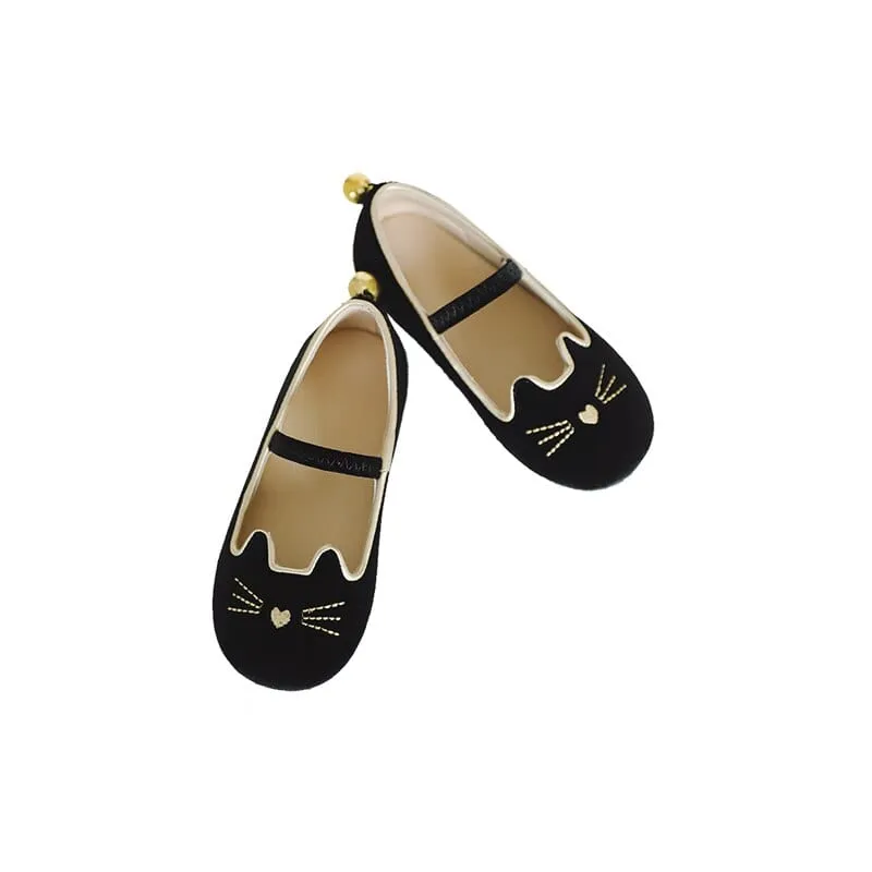 Cartoon Cat Velvet Ballet Flats with Strap