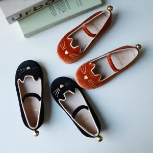 Cartoon Cat Velvet Ballet Flats with Strap