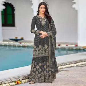 Charcoal Grey Partywear Embroidery With Sequins Heavy Faux Georgette Salwar Suit