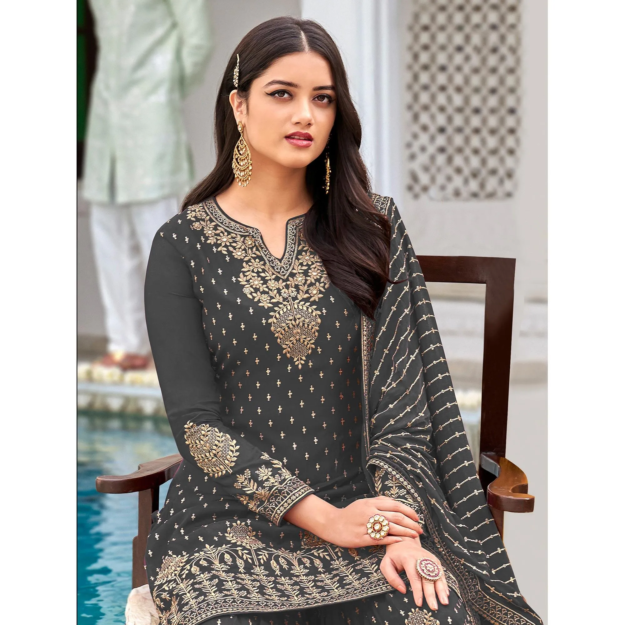 Charcoal Grey Partywear Embroidery With Sequins Heavy Faux Georgette Salwar Suit