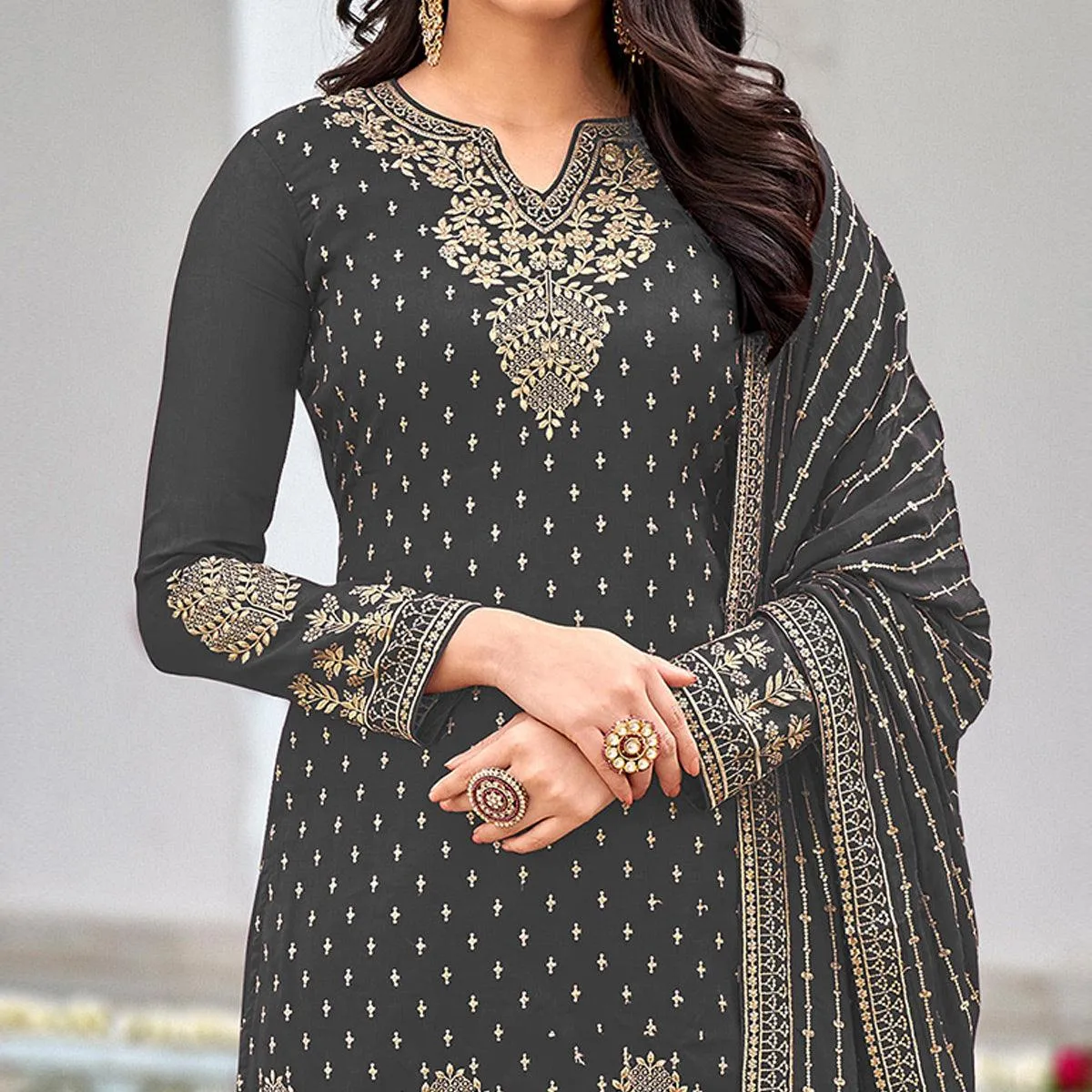 Charcoal Grey Partywear Embroidery With Sequins Heavy Faux Georgette Salwar Suit