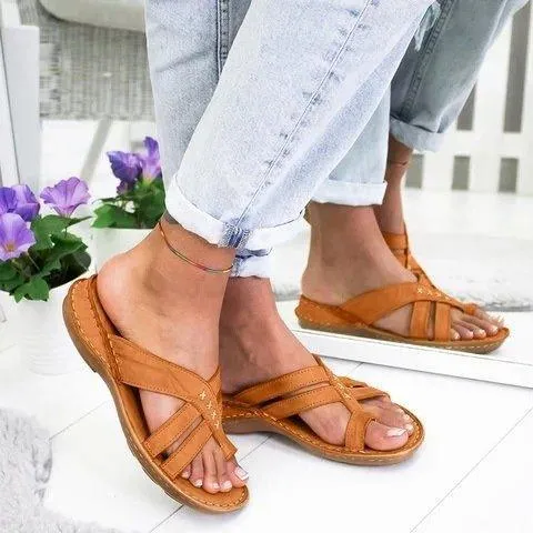 Chicvane Criss Cross Straps Clip Toe Wedge Slides Shoes