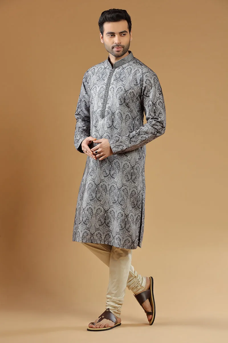 Coal Black Paisley Printed Kurta Set