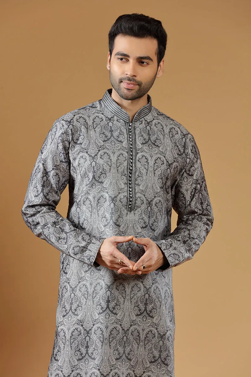 Coal Black Paisley Printed Kurta Set