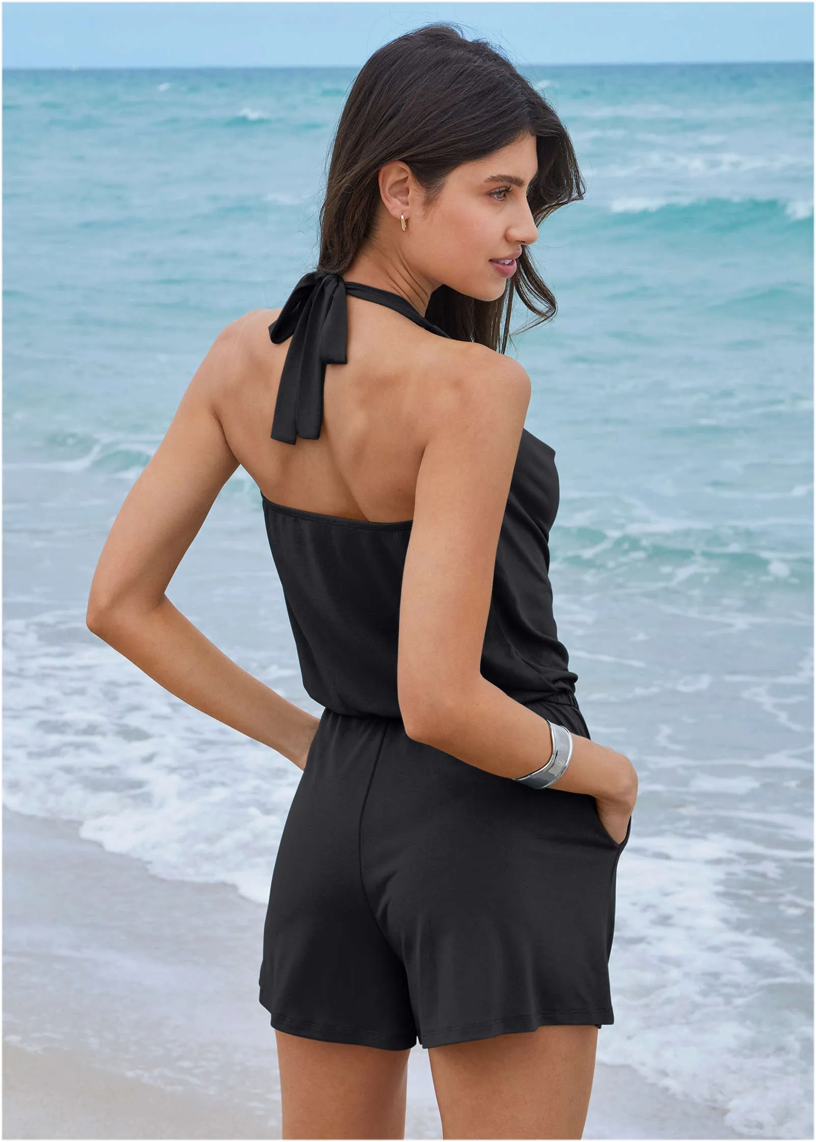 Cowl Neck Cover-Up Romper - Black