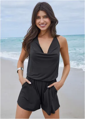Cowl Neck Cover-Up Romper - Black
