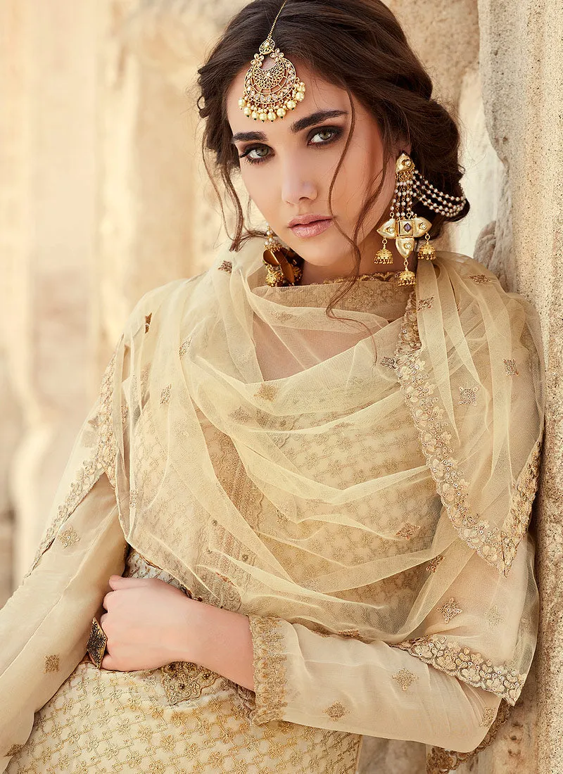 Cream Embroidered Pakistani Sharara Suit