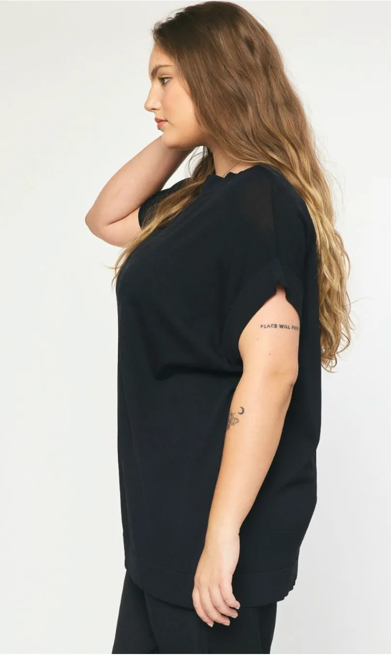 Curvy Solid Boat Neck Short Sleeve Top In Black Or Plum