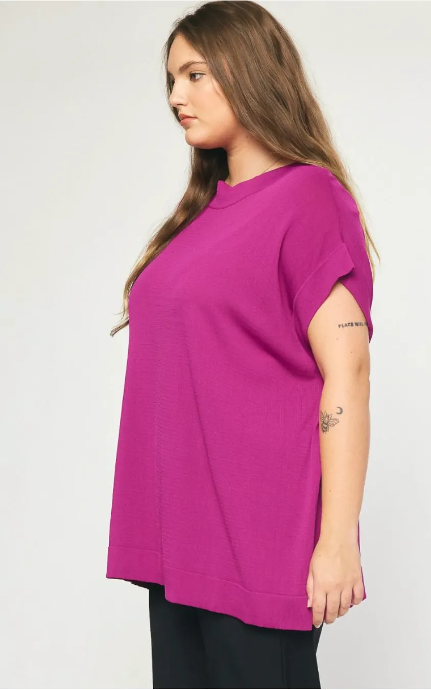 Curvy Solid Boat Neck Short Sleeve Top In Black Or Plum