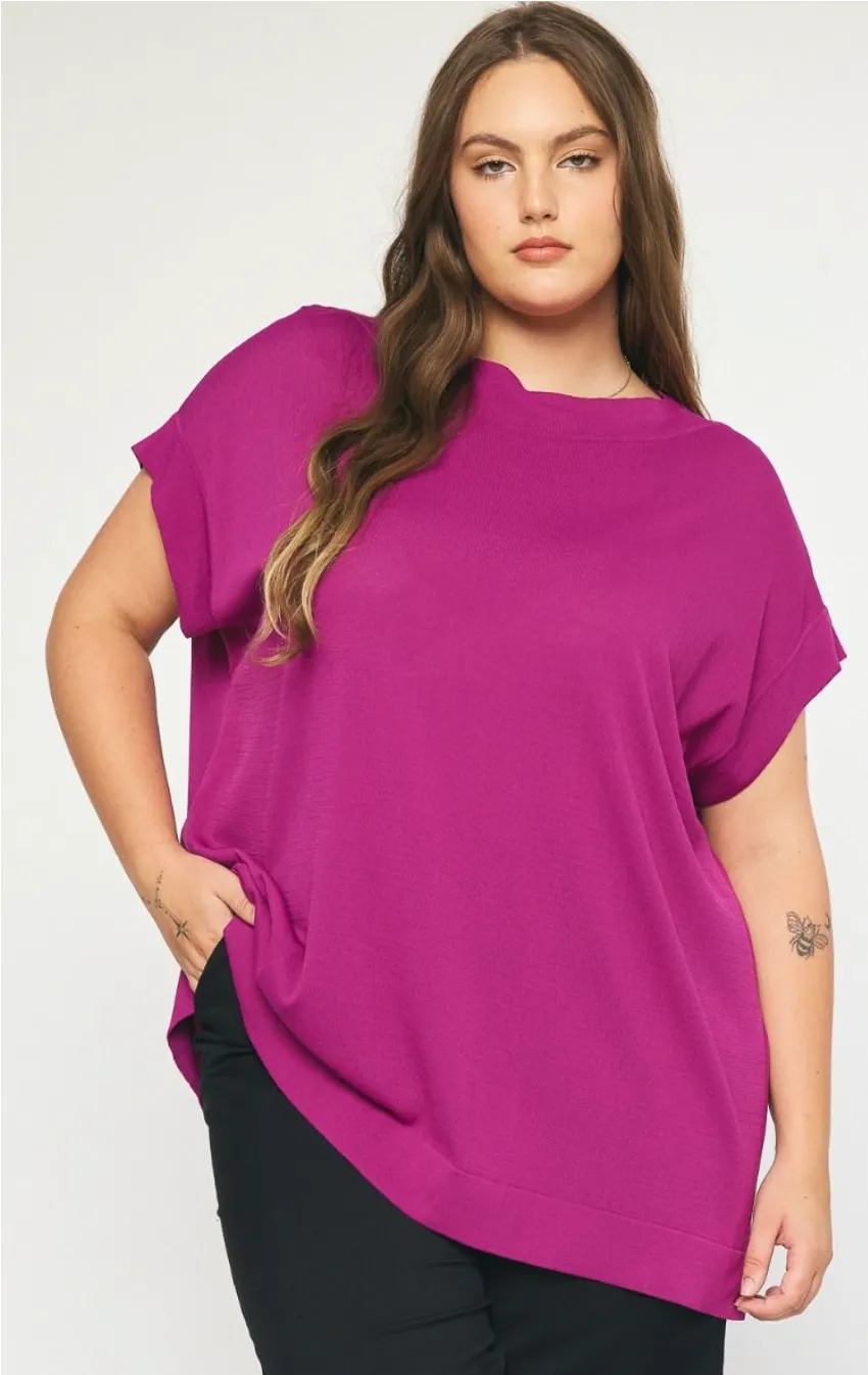 Curvy Solid Boat Neck Short Sleeve Top In Black Or Plum