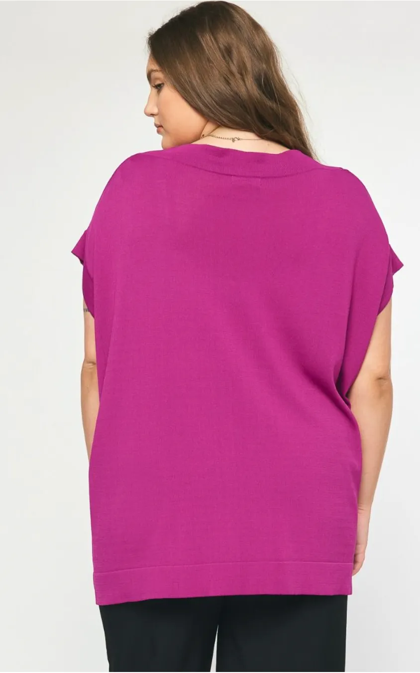 Curvy Solid Boat Neck Short Sleeve Top In Black Or Plum