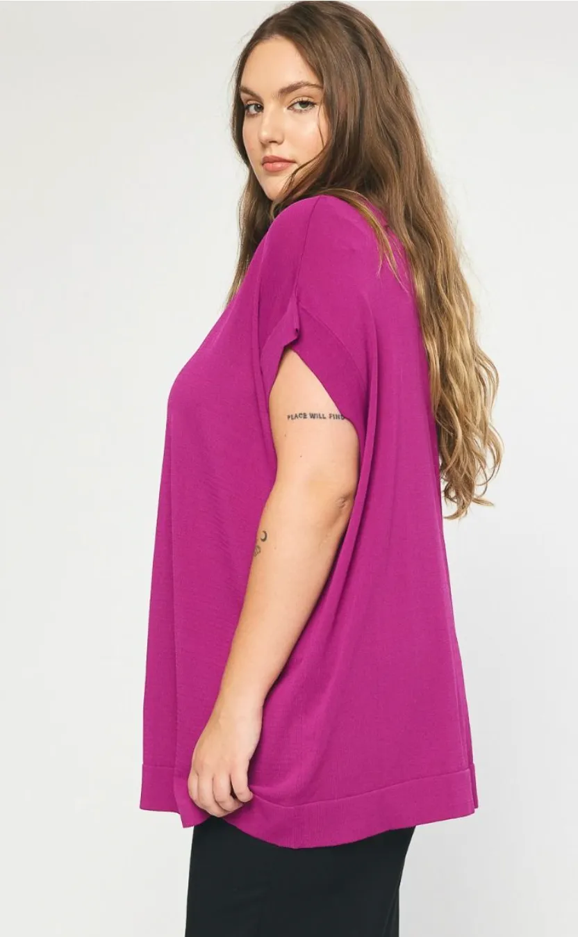 Curvy Solid Boat Neck Short Sleeve Top In Black Or Plum