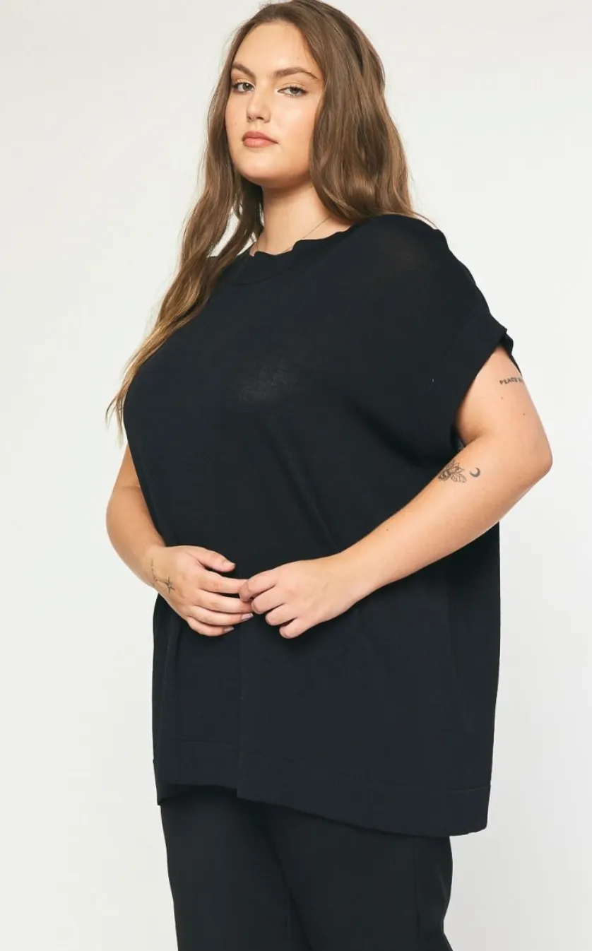 Curvy Solid Boat Neck Short Sleeve Top In Black Or Plum