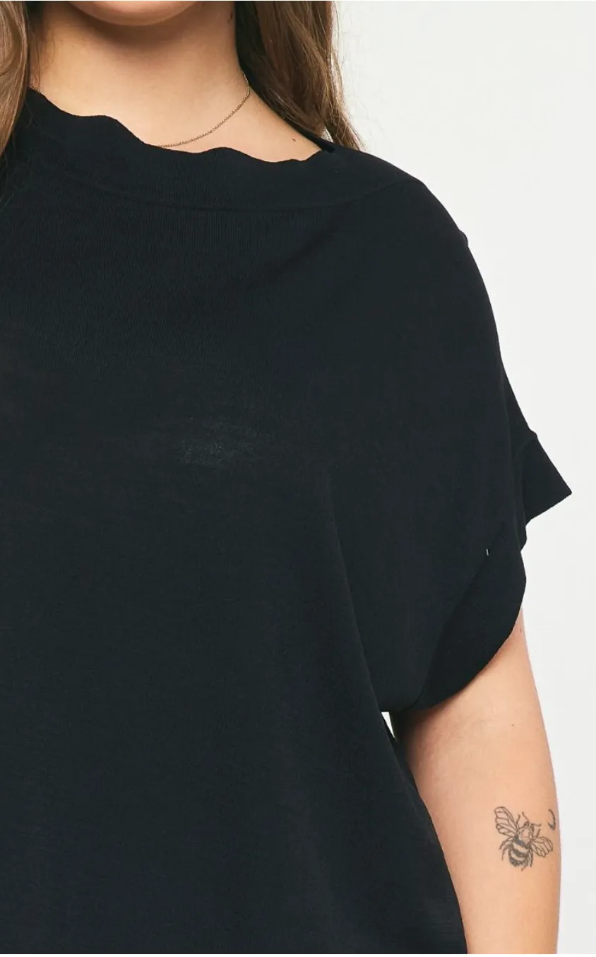 Curvy Solid Boat Neck Short Sleeve Top In Black Or Plum