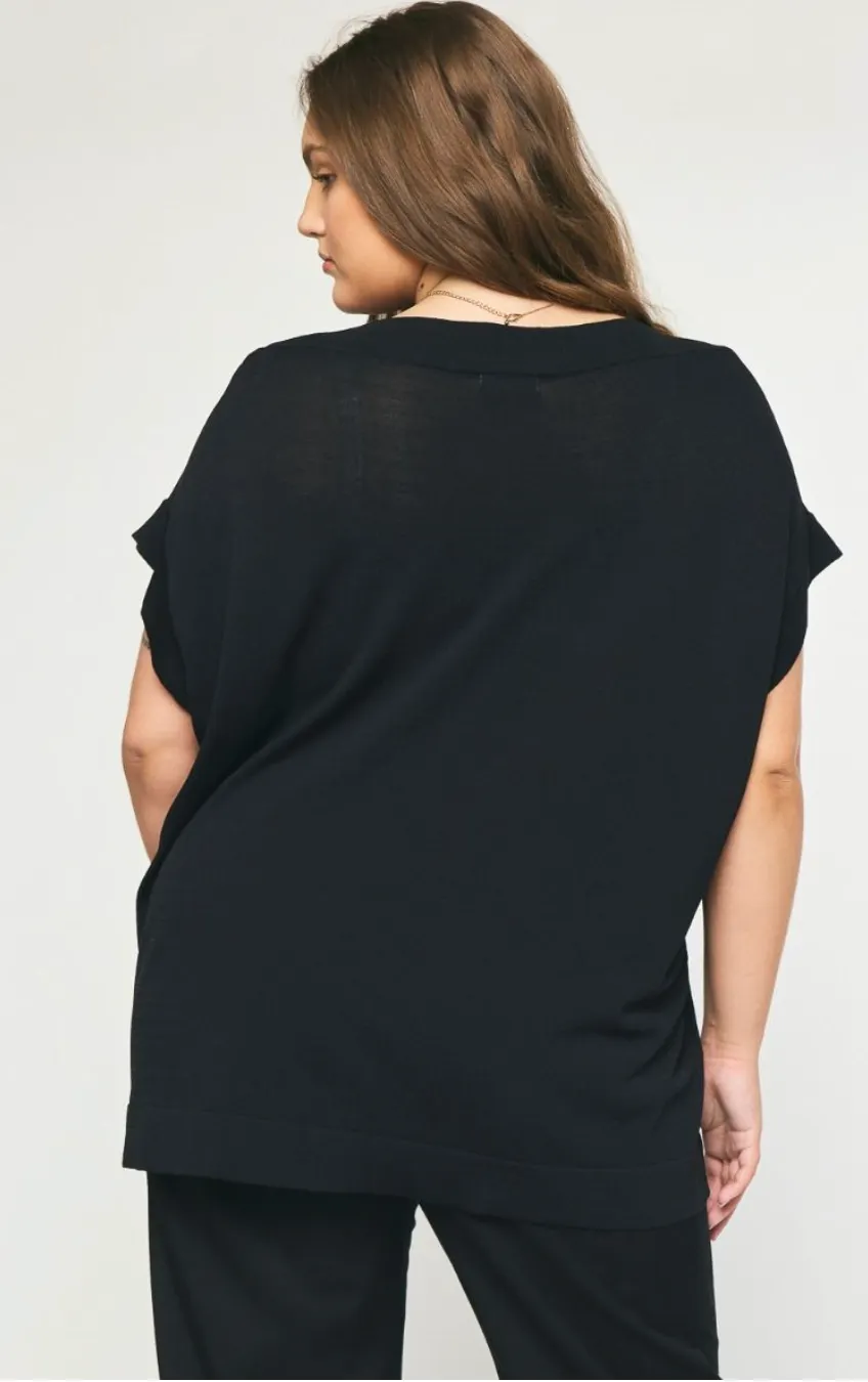 Curvy Solid Boat Neck Short Sleeve Top In Black Or Plum