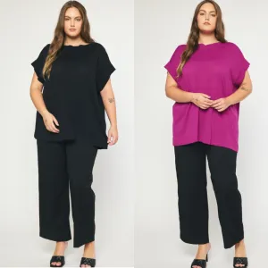 Curvy Solid Boat Neck Short Sleeve Top In Black Or Plum