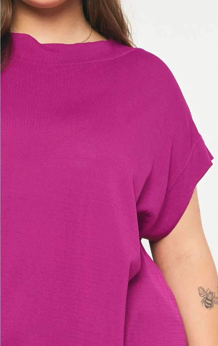 Curvy Solid Boat Neck Short Sleeve Top In Black Or Plum