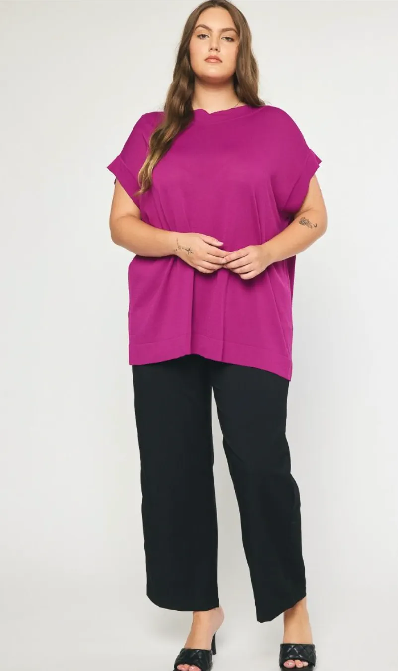 Curvy Solid Boat Neck Short Sleeve Top In Black Or Plum