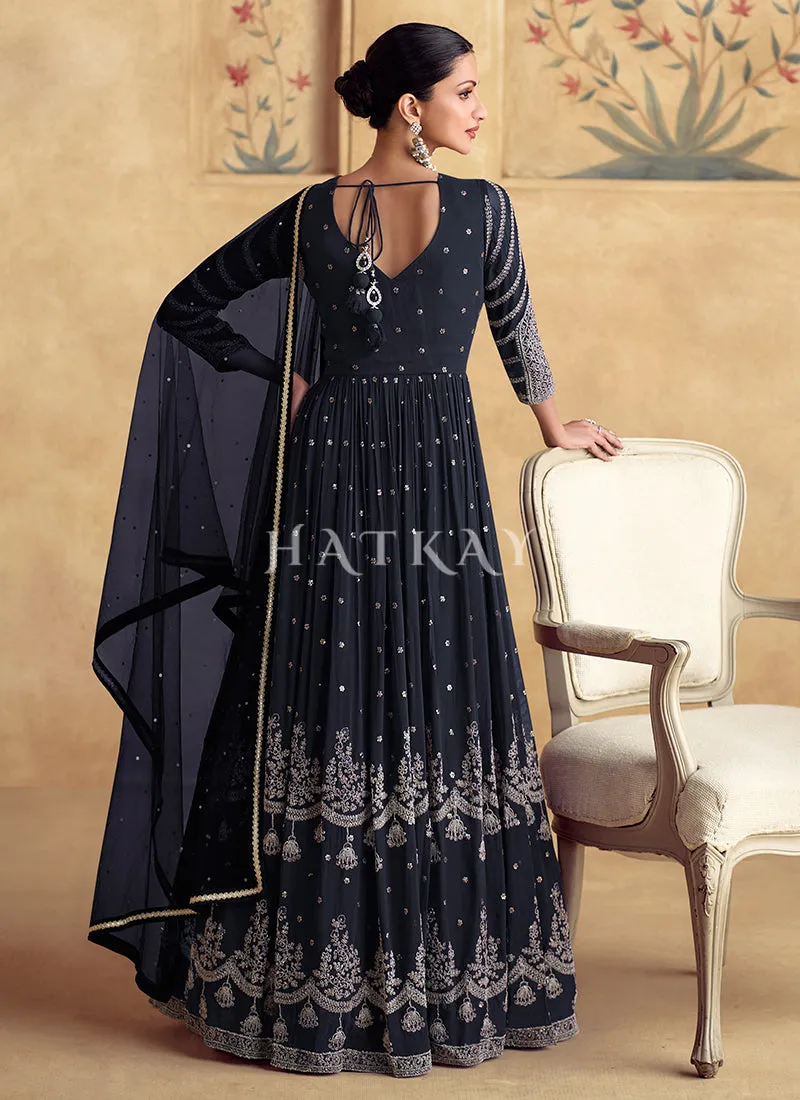 Dark Blue Reshamkari Embroidery Wedding Anarkali Dress