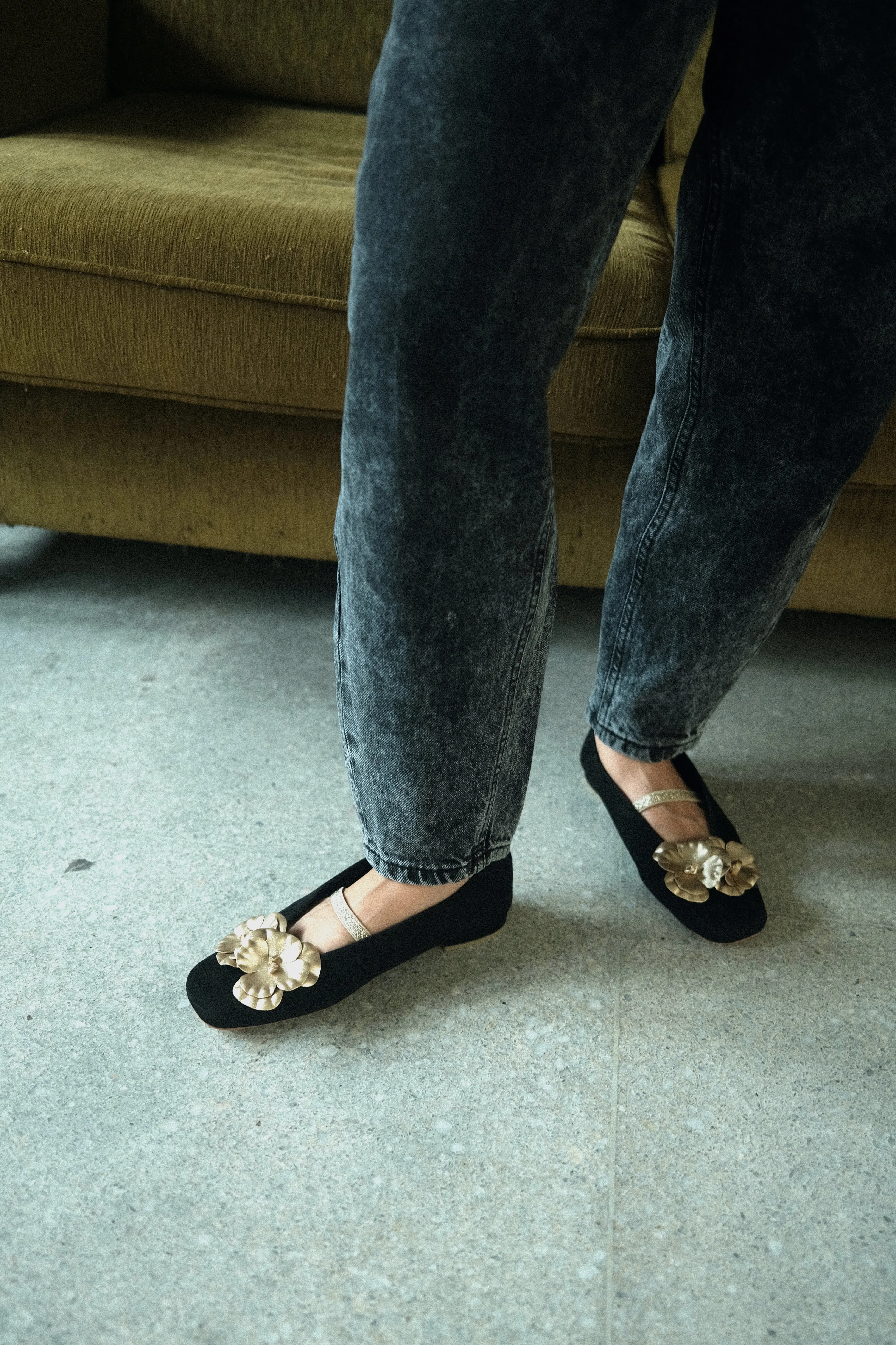 Debi Flower Square Toe Loafers (Black Suede)