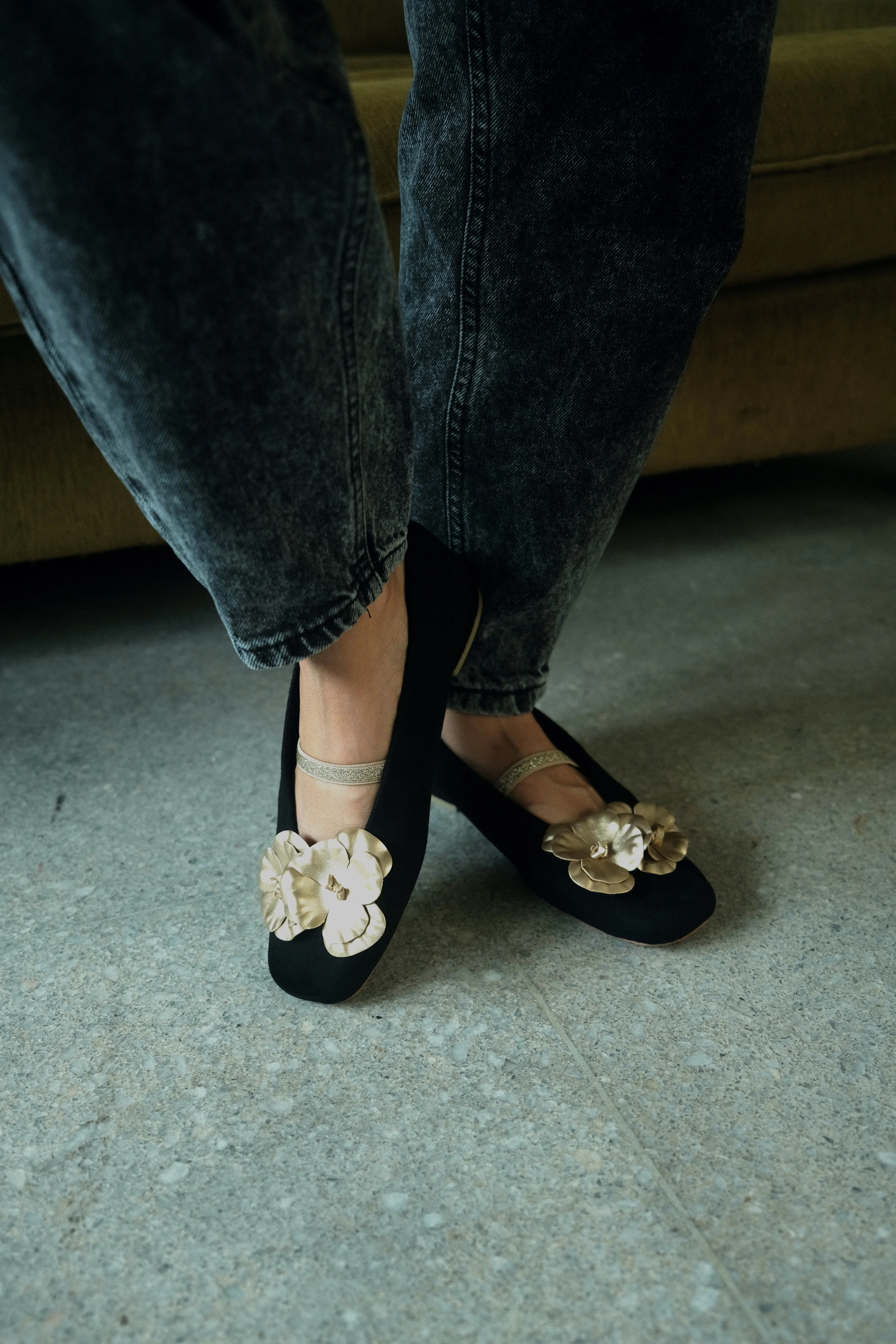 Debi Flower Square Toe Loafers (Black Suede)