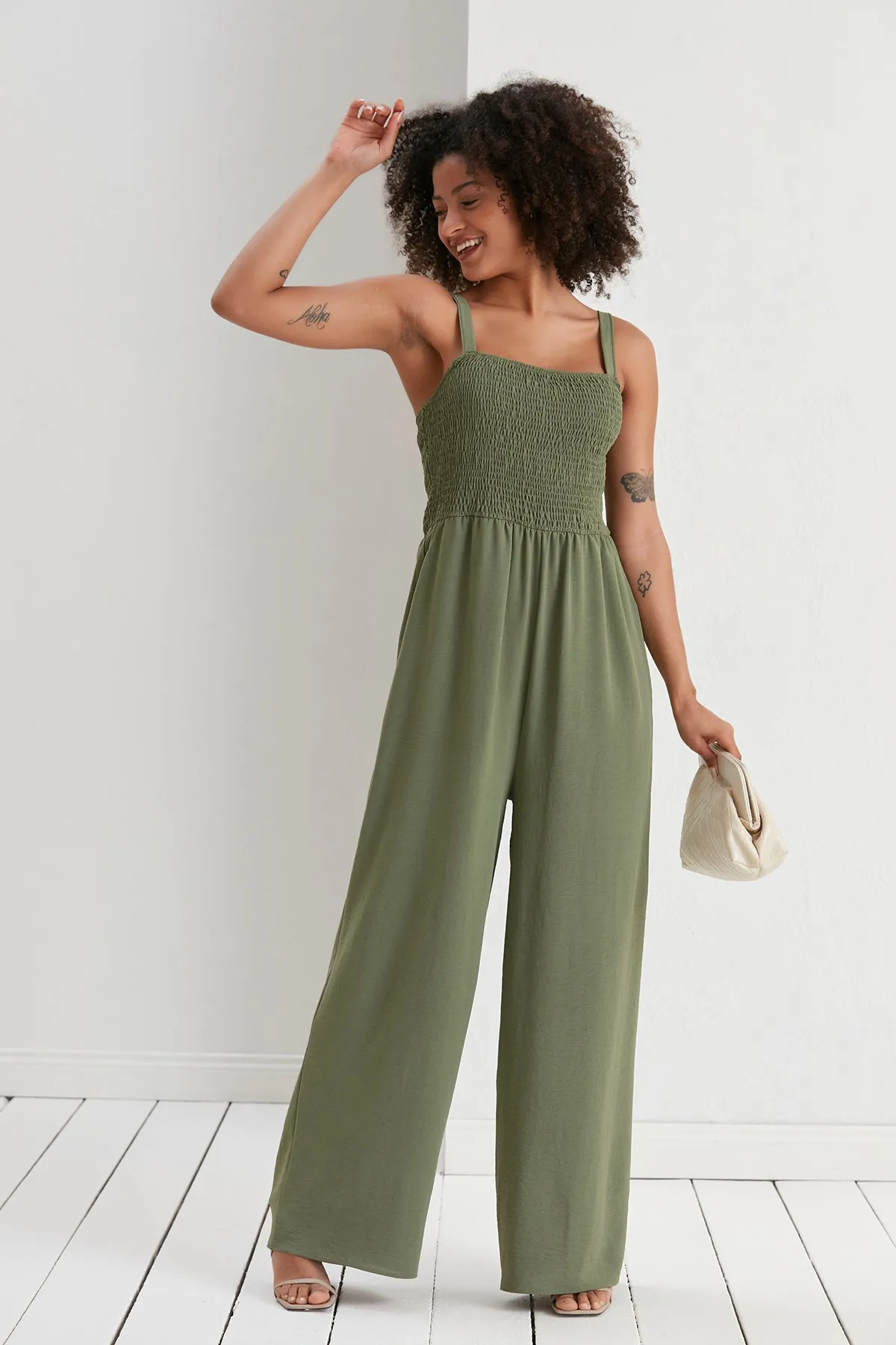 Effortless Wide Leg Cami Jumpsuit in Khaki